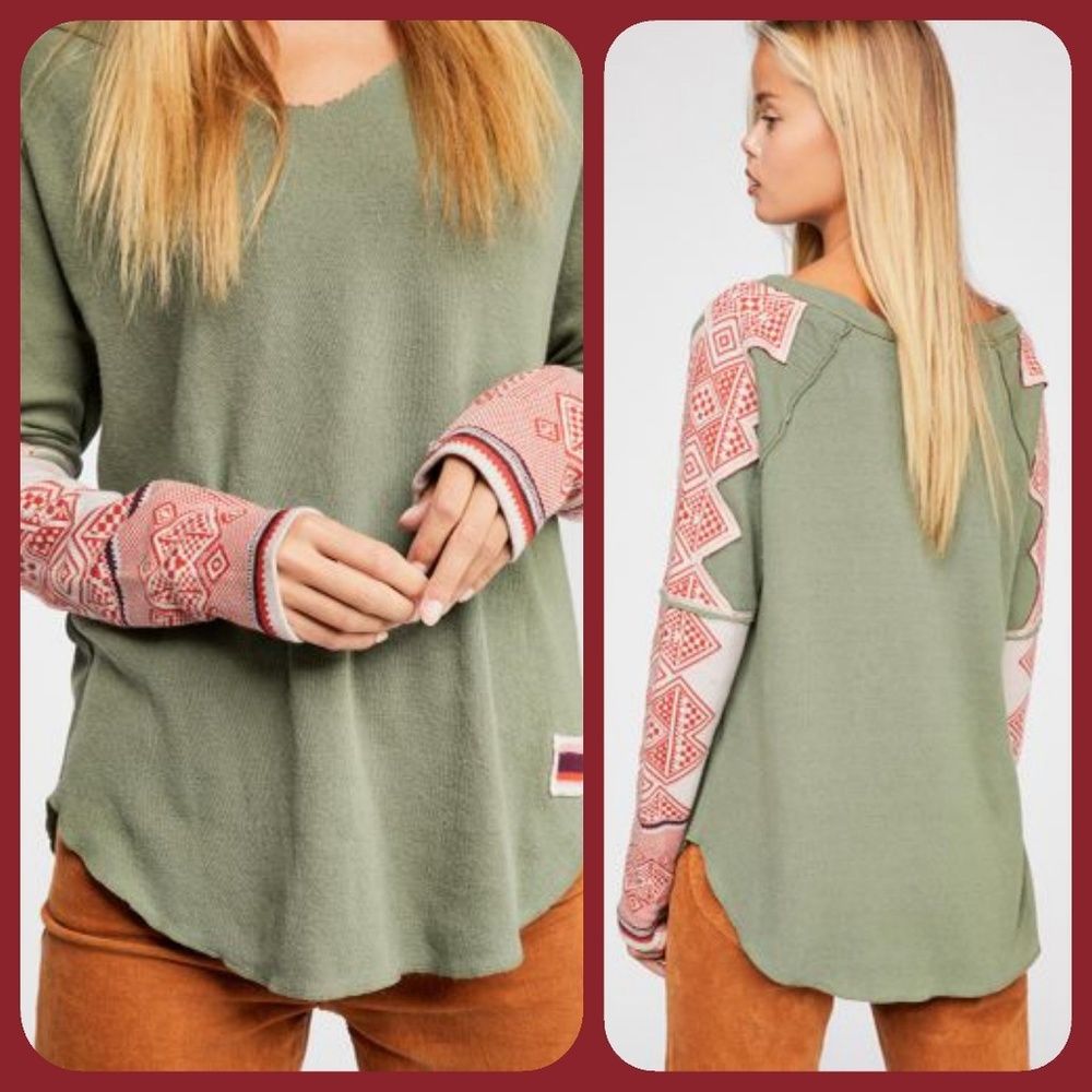 🆕️ Free People Nordic Pieced Patchwork Sleeve Top - Picture 2 of 8
